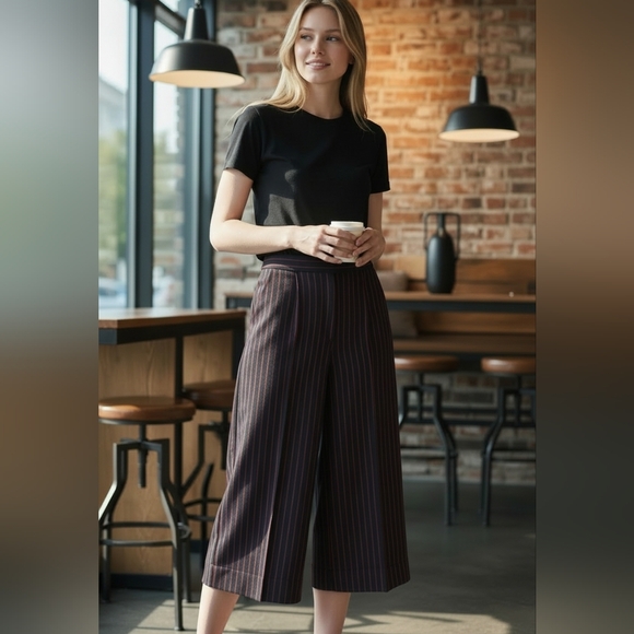 Anne Klein Pants - Anne Klein Women Black and Red Pinstriped WideLeg Crop Pants